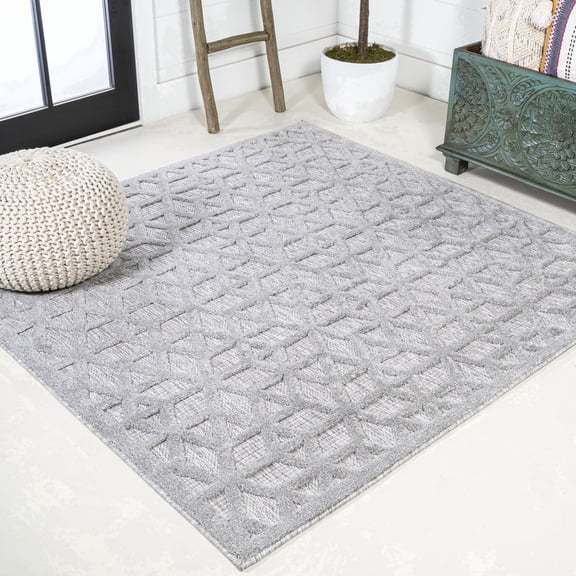 JONATHAN Y IBIZA 5' Square Area Rug, Talaia Neutral Geometric - Light Gray, IBZ102C-5SQ