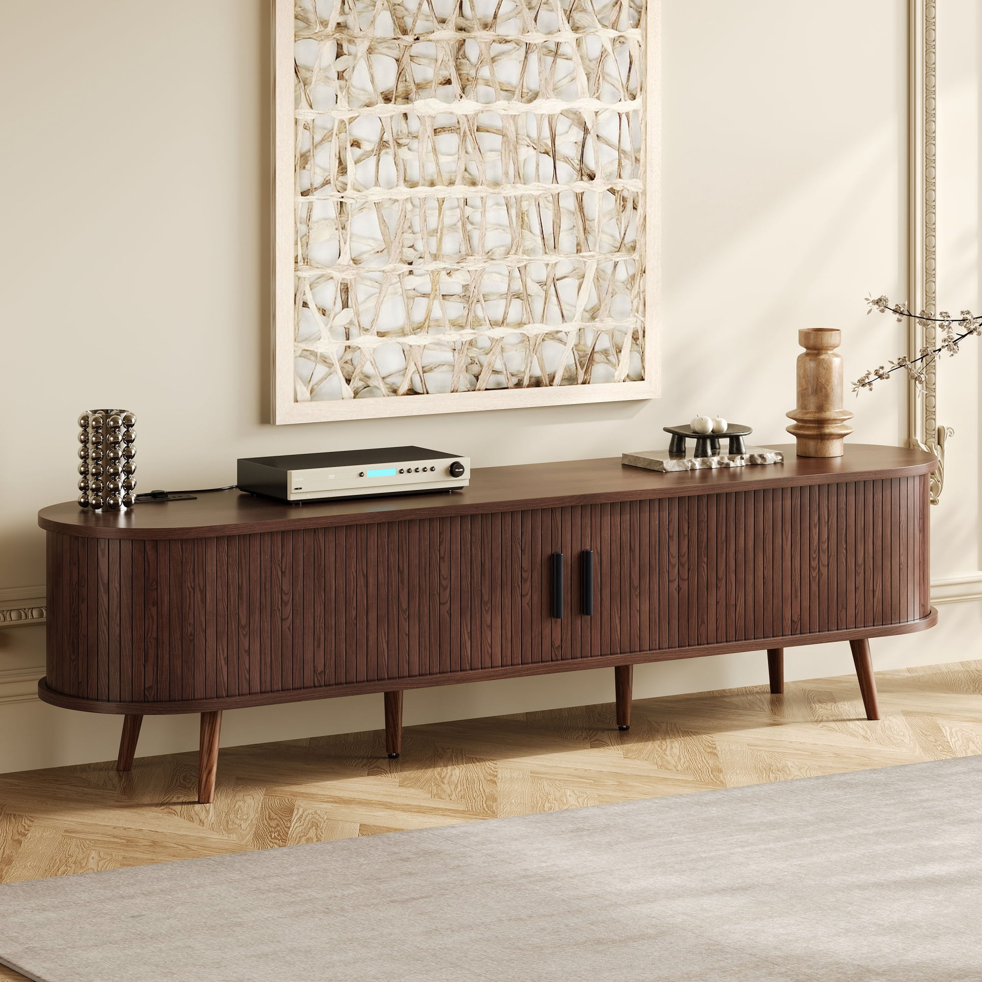 TV Stand for TVs up to 80 Inch, Mid-Century Modern Entertainment Center with Tambour Doors & Power Outlet, Media Console for Living Room