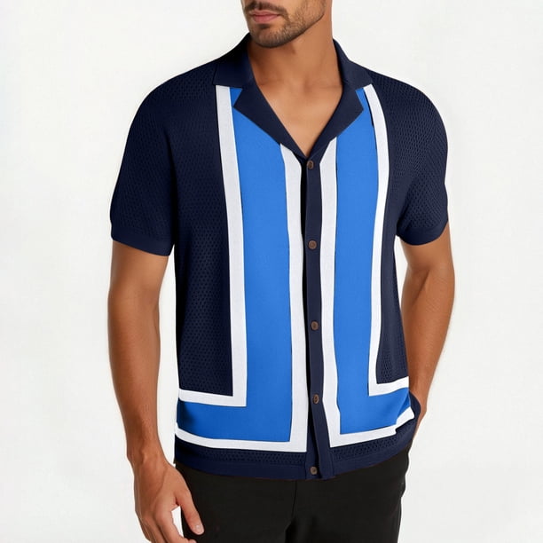 Blusa y camisa de manga corta con cuello vuelto Camisa de punto a rayas de verano para hombre con cuello en contraste y camisa hueca de manga corta Camiseta/camisa de manga corta con cuello vuelto Top
