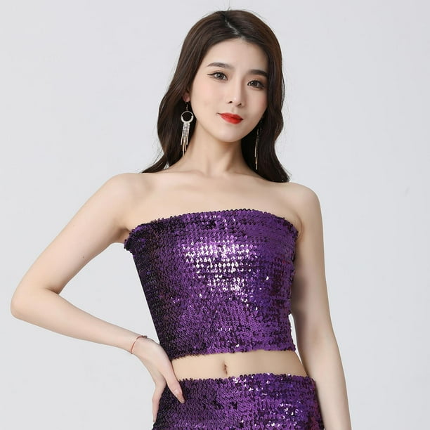 Top de tubo de lentejuelas para danza del vientre, traje corto sin mangas para mujer, top de de lentejuelas, para festival Violeta Fernando Top tubo de danza del vientre
