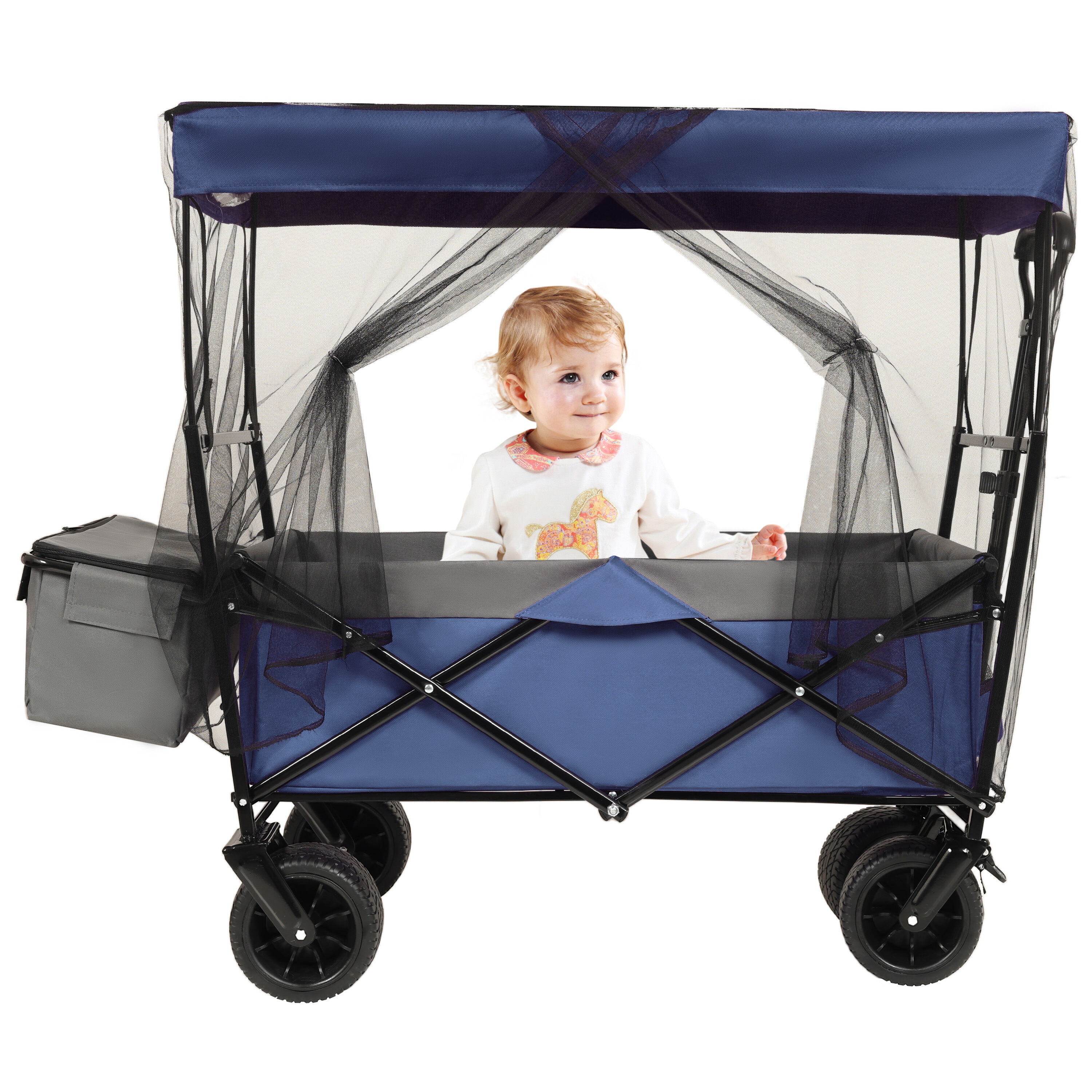 Folding Garden Carts 480Lbs Collapsible Wagon with Canopy,Wagon Stroller with 7" All-Terrain Wheels, Lightweight Foldable Wagon, Large Capacity for Camping, Shopping, Sports, and Garden Use, Dark blu