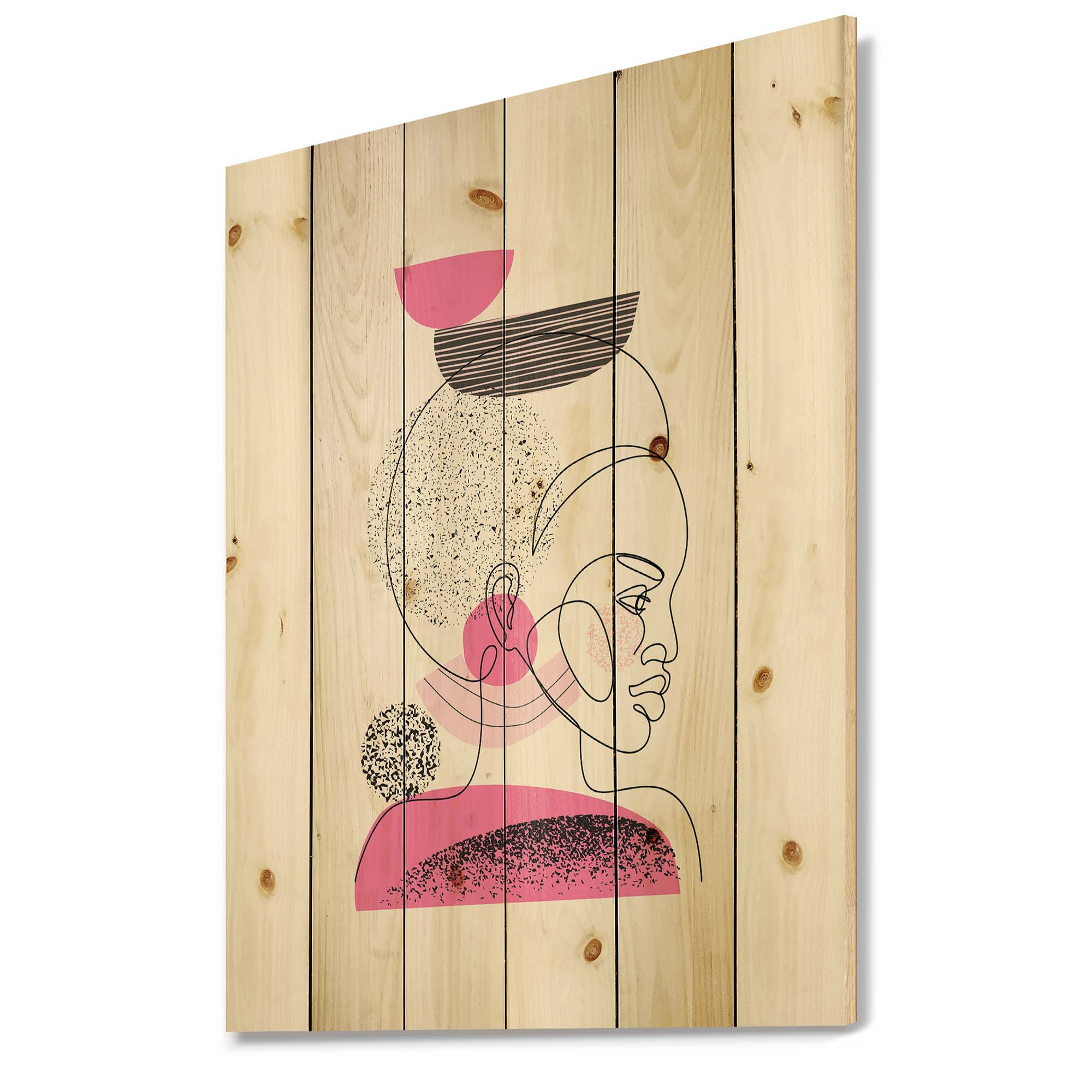 Designart 'One Line Portrait of Afro American Women V' Modern Print on Natural Pine Wood