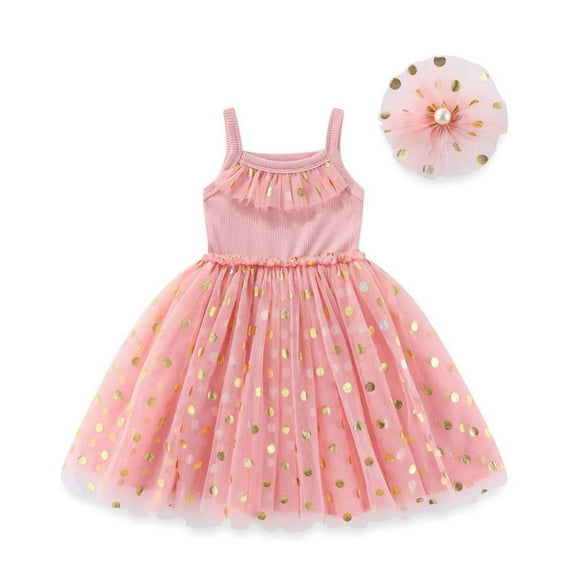 Gyratedream Toddler Girl's Cute Spaghetti Strap Cami Dress Polka Dots Shirred Mesh A Line Party Tutu Dress Baby Kids Summer Ruffle Princess Dress for 0-6 Years
