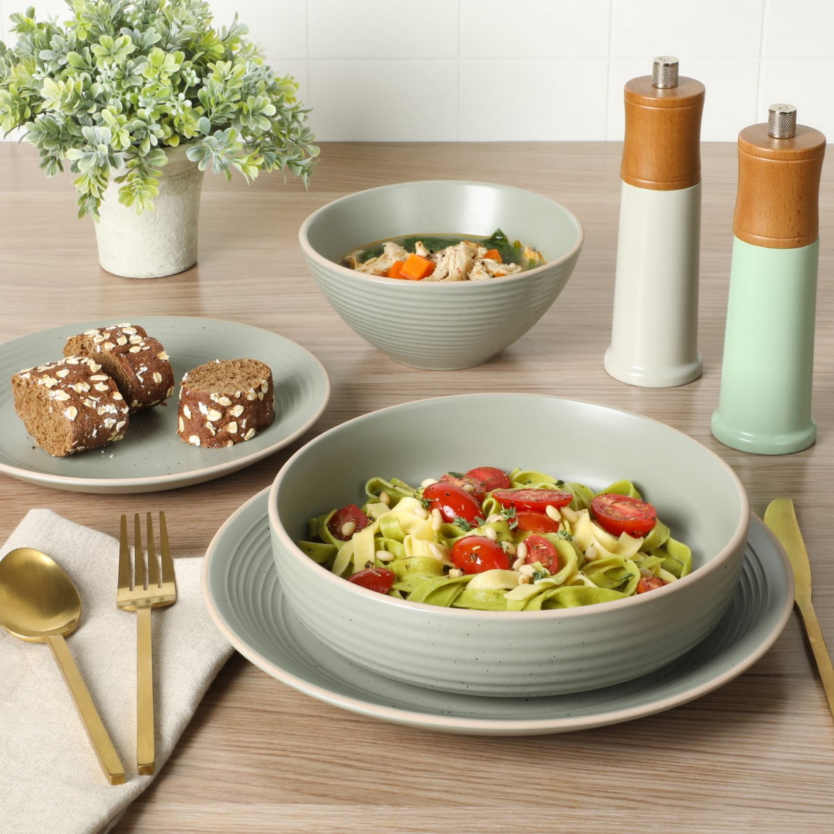 Gibson Home Dinah 16 Piece Double Bowl Stoneware Embossed Speckled Dinnerware Set - Sage Green