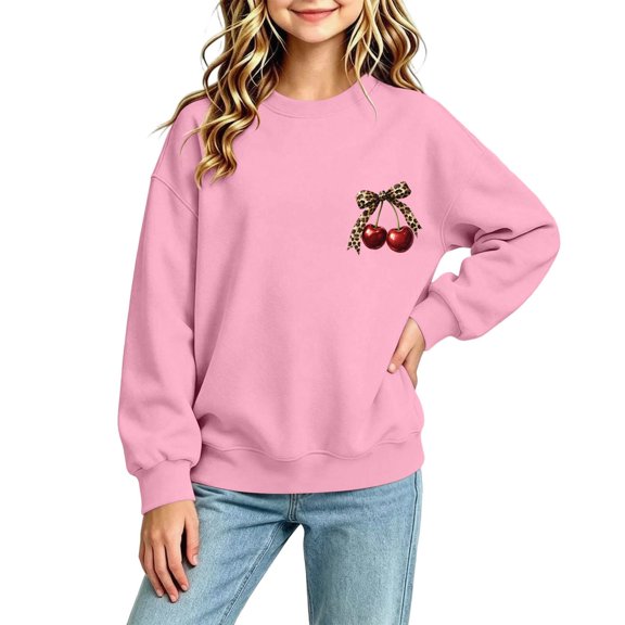 UKHCCC Boys Girls Cherry Leopard Bow Crewneck Sweatshirt, Oversized Long Sleeve Graphic Pullover for Kids Ages 1-13, Casual Fall Winter Top