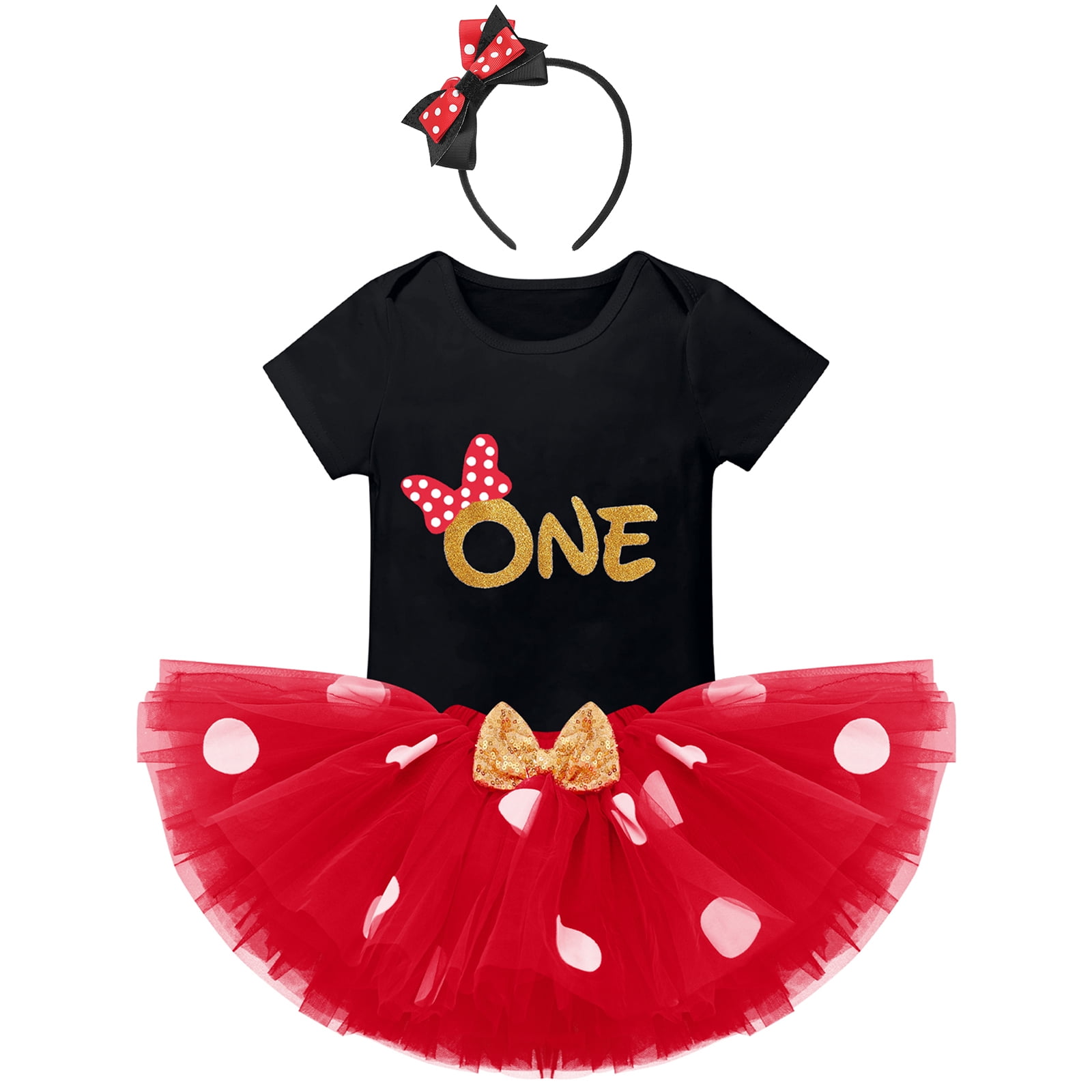 Baby Girl My 1st First Birthday Cake Smash Outfit Short Sleeve Romper Polka Dot Tutu Skirt Ear Headband 3pcs One Year Old Party Clothes Set 1 Year Black