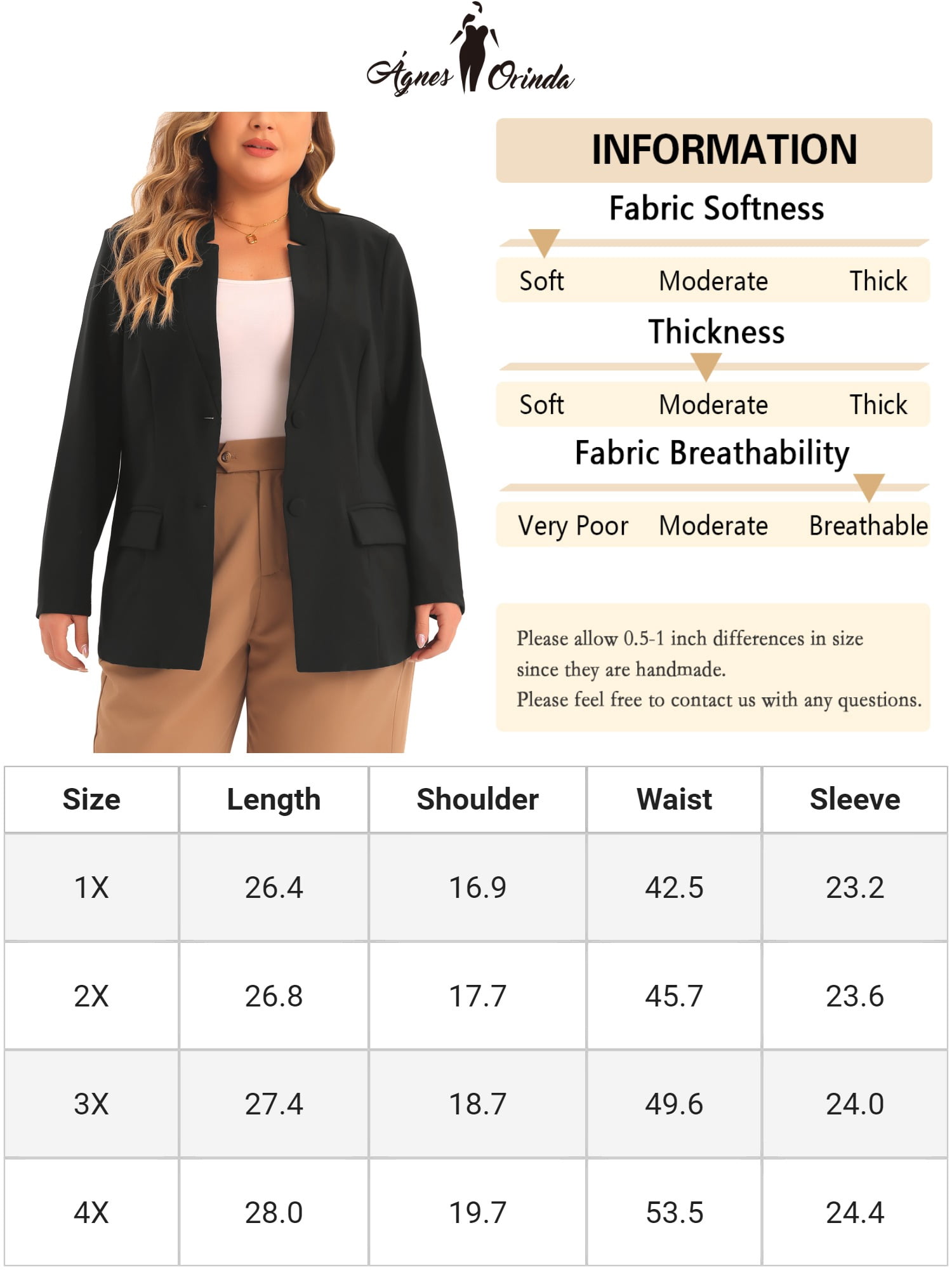 DARING DIVA Women's Plus Business Suit Blazer Button Work Blazer Jacket 1X Black