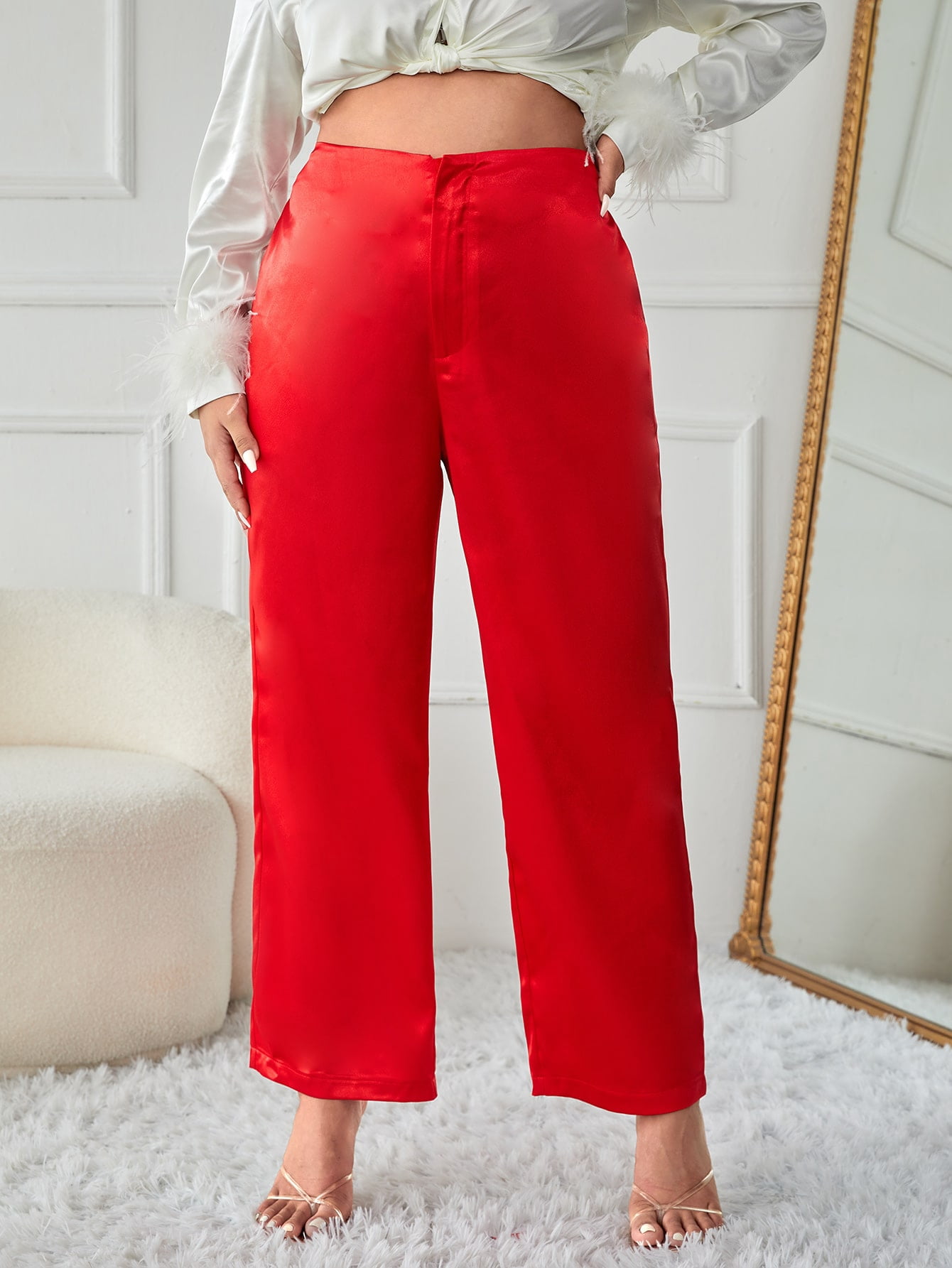 Plus Size High Waist Satin Straight Leg 
