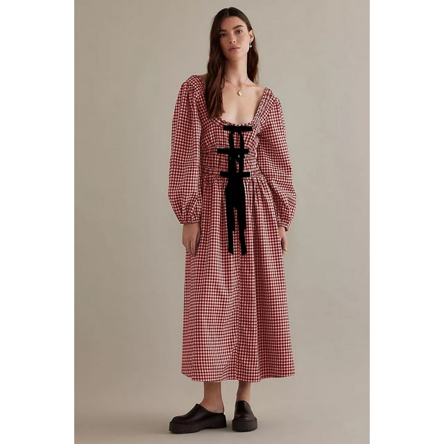 Gupgi Robe Fleurie pour Femmes, Robe à Carreaux avec Nœud à l'Avant, Boho, Manches Longues, Volants, Robes Fluides