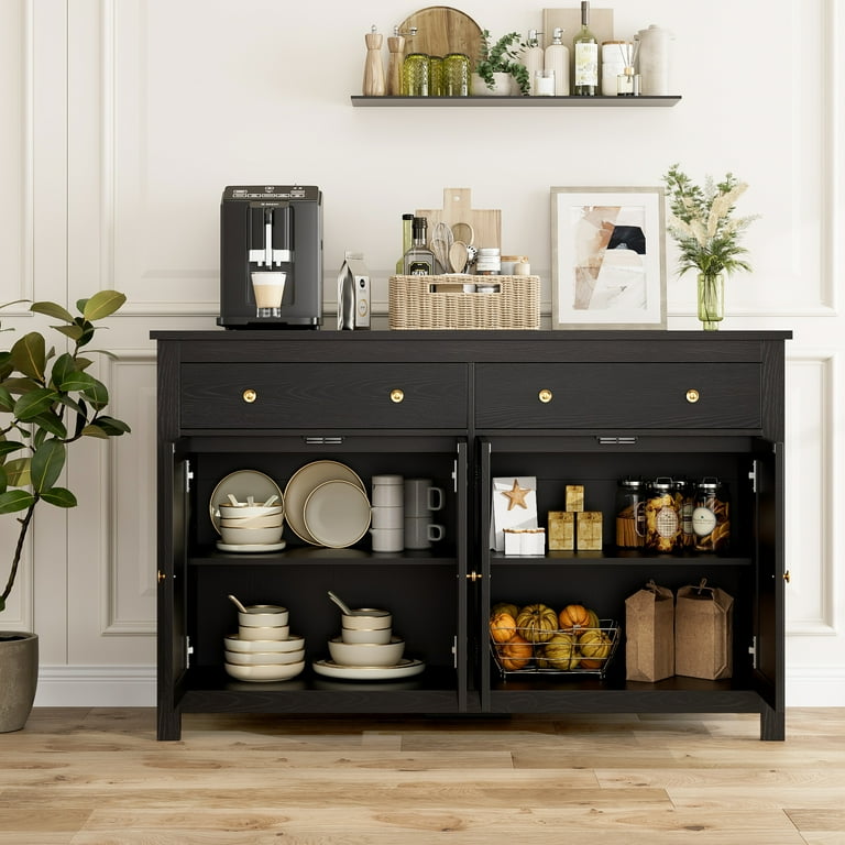 Homfa 4 Doors 2 Drawers Farmhouse Storage Cabinet Wood Sideboard with Adjustable Shelves Black