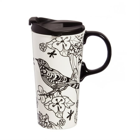 Botanical Cup - Just Add Color Ceramic Travel Cup, 17 oz., Botanical Bird