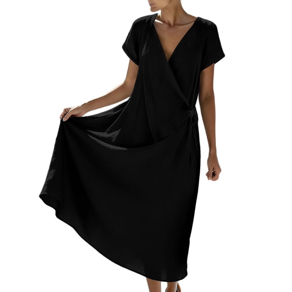 Makaor Dresses for Women Linen Wrap Maxi Dresses Plus Size Short Sleeve Dress Solid V Neck Beach Vacation Clothes with Pockets Black L
