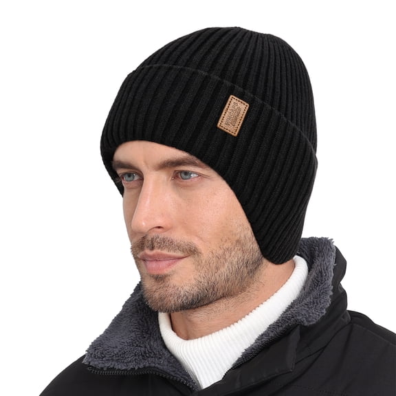 WMCAPS Winter Fleece Line Beanie with Earflap for Men Women, Unisex Warm Thermal Hat for Outdoor Ski Stocking Caps (Black)