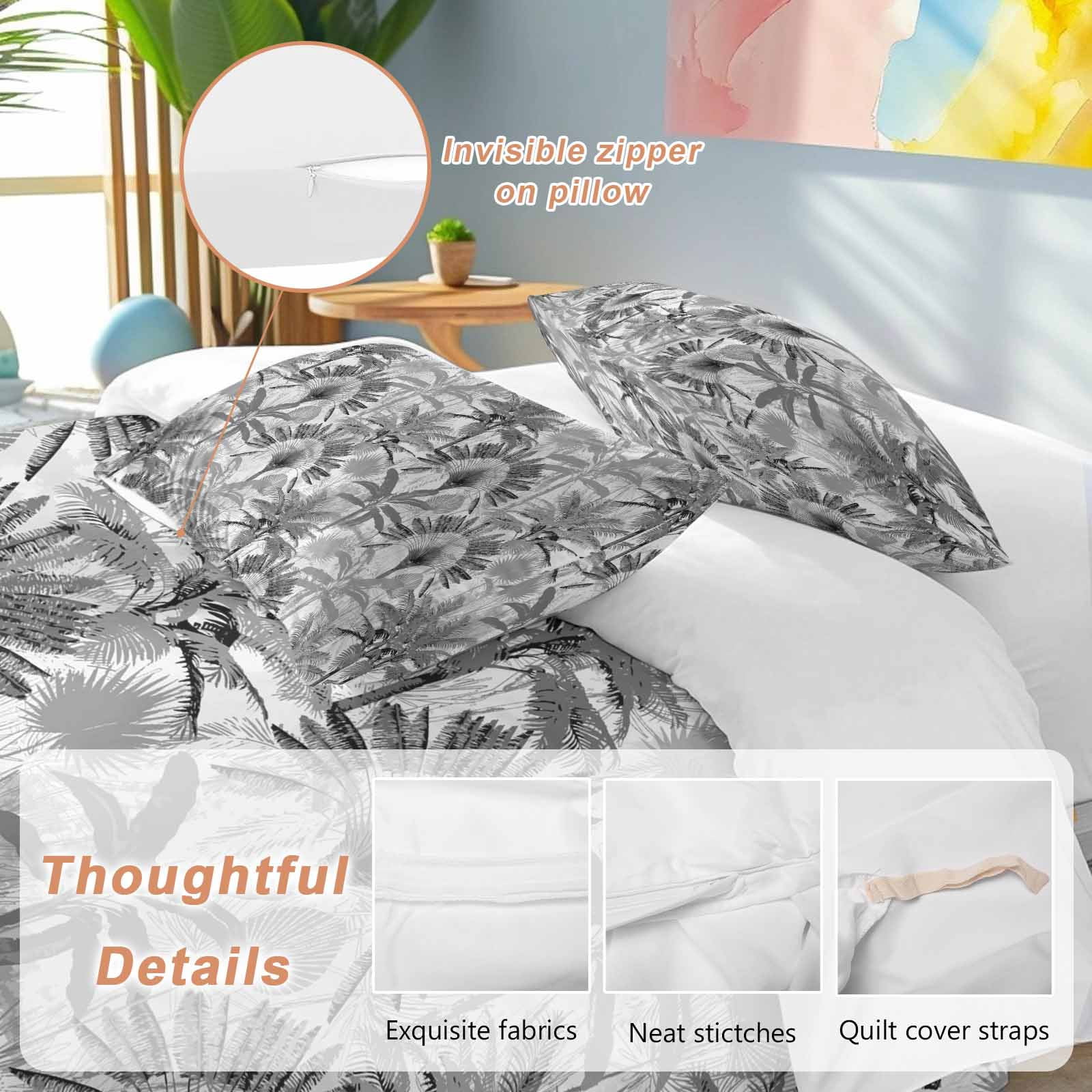 Grey Tropical Leaves Bedding 3 Piece Duvet Cover Set Full Size, Summer Palm Trees Botanical Soft Microfiber Comforter Cover with Zipper Closure & Pillowcases, Wrinkle & FadeResistant Quilt Cover