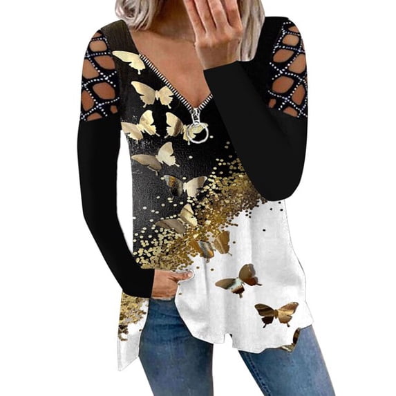 Uhndy Women's Plus Size Printed Cold Shoulder Tee Zip V Neck T-Shirt Casual Long Sleeve Tunic Blouse Tops