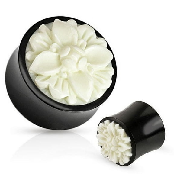 Pair of Black Organic Buffalo Horn Plugs Gauges Ear White Flower - Size=5/8