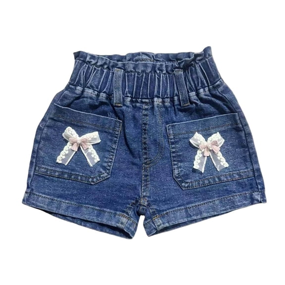 NAISIBABY Girls Denim Shorts (1-8T), Elastic Waist with Pockets Cute Bow Summer Casual Fashion Shorts Blue 6T