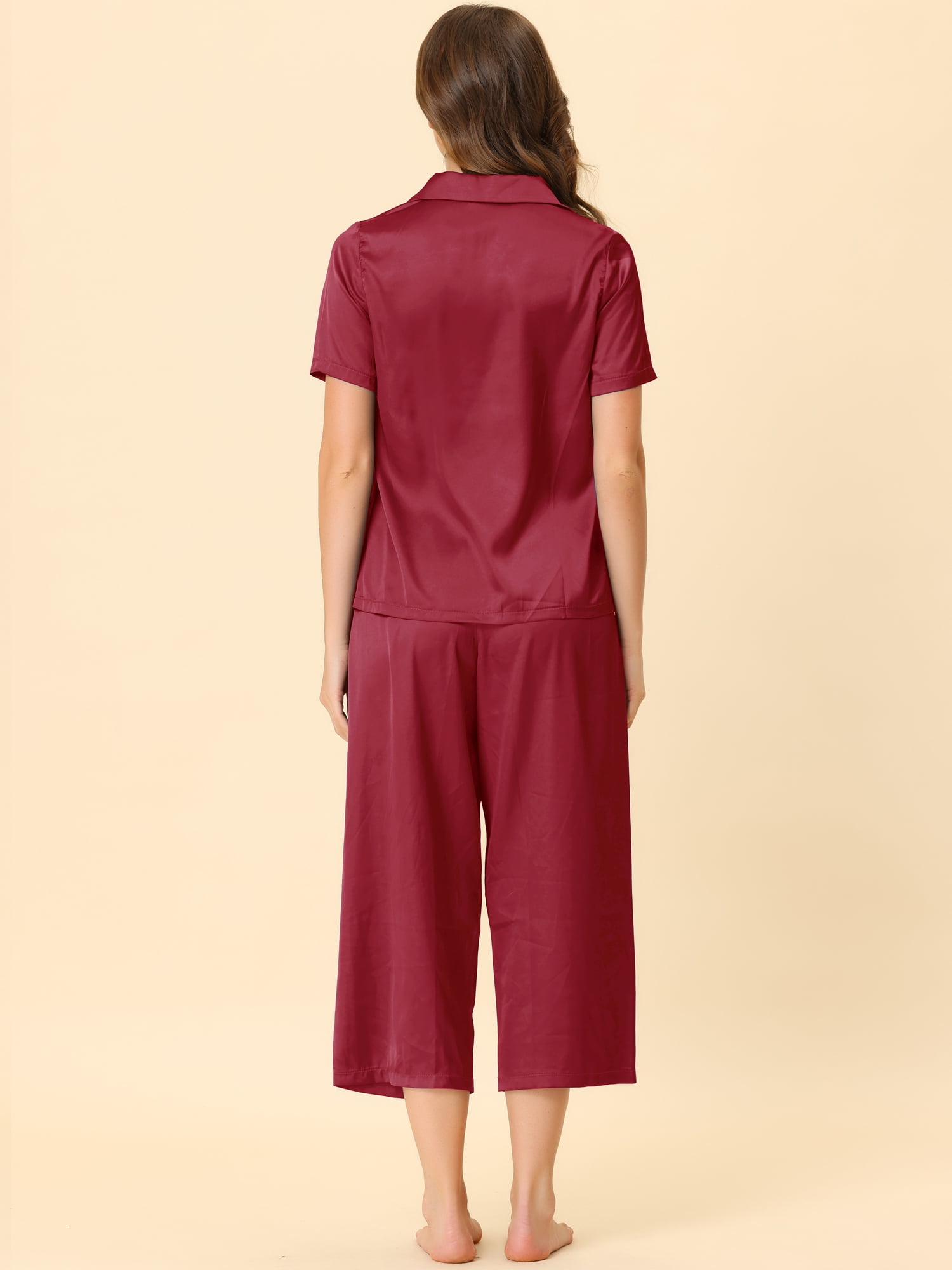 DARING DIVA Women's Satin Button Down Pajamas Sets S Wine Red