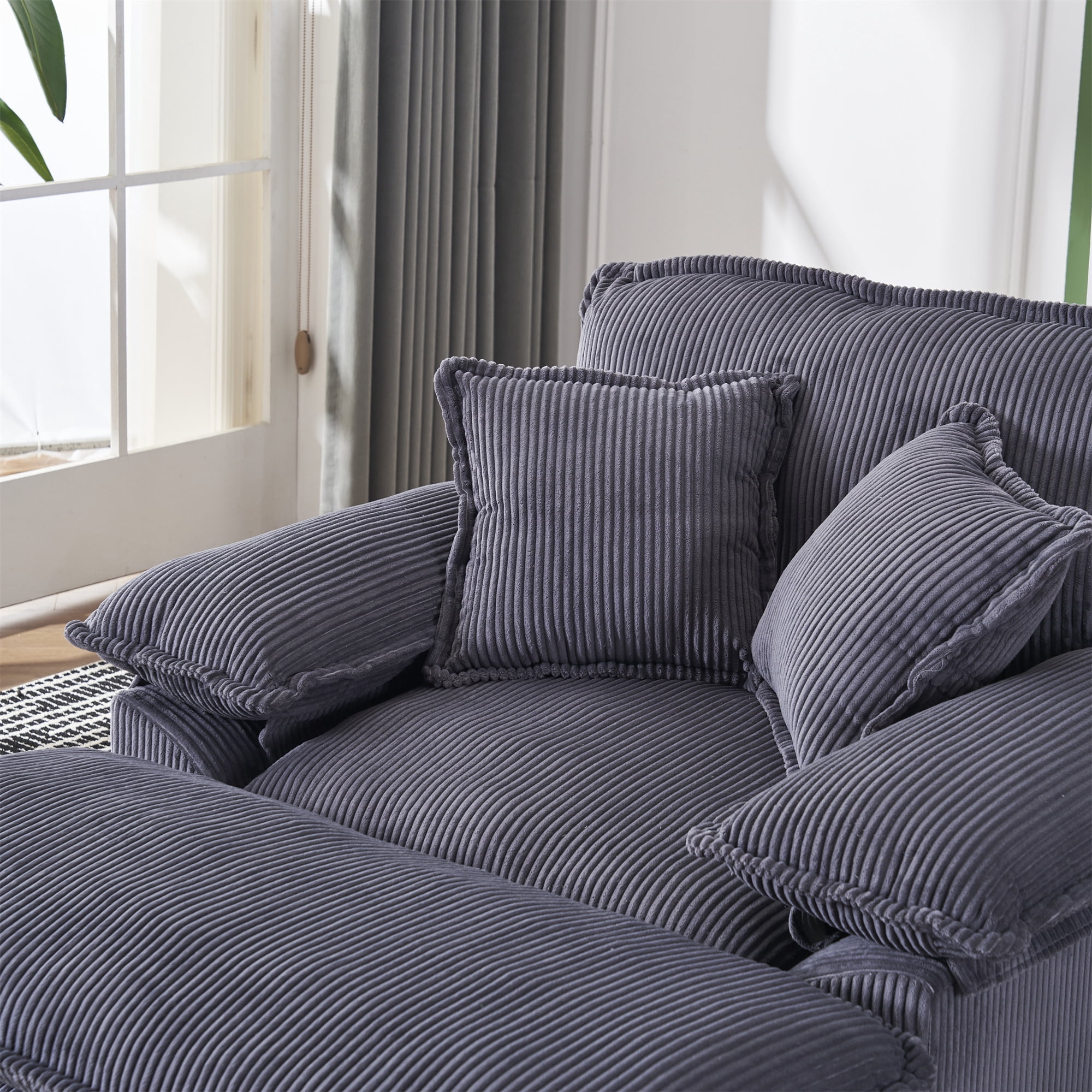 Aukfa Corduroy Modular Couch Deep Seat Sofa and Ottoman, Dual-layer Seat Cushion, 5Pillows, Gray