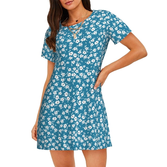 Saiise Belle Chemise de Nuit à Motif Floral pour Femmes Manches Courtes Col Rond Mignonne Robe de Nuit Confortable