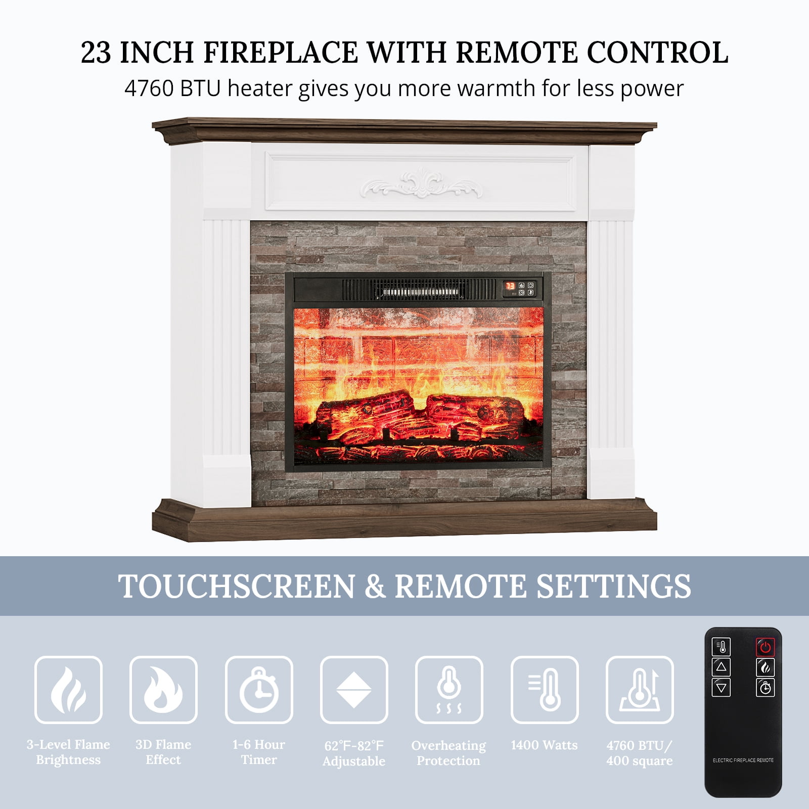 44"L Fireplace Mantel with 23" Electric Fireplace, Wooden Free Standing Fireplace, with Remote Control, Adjustable LED Flame