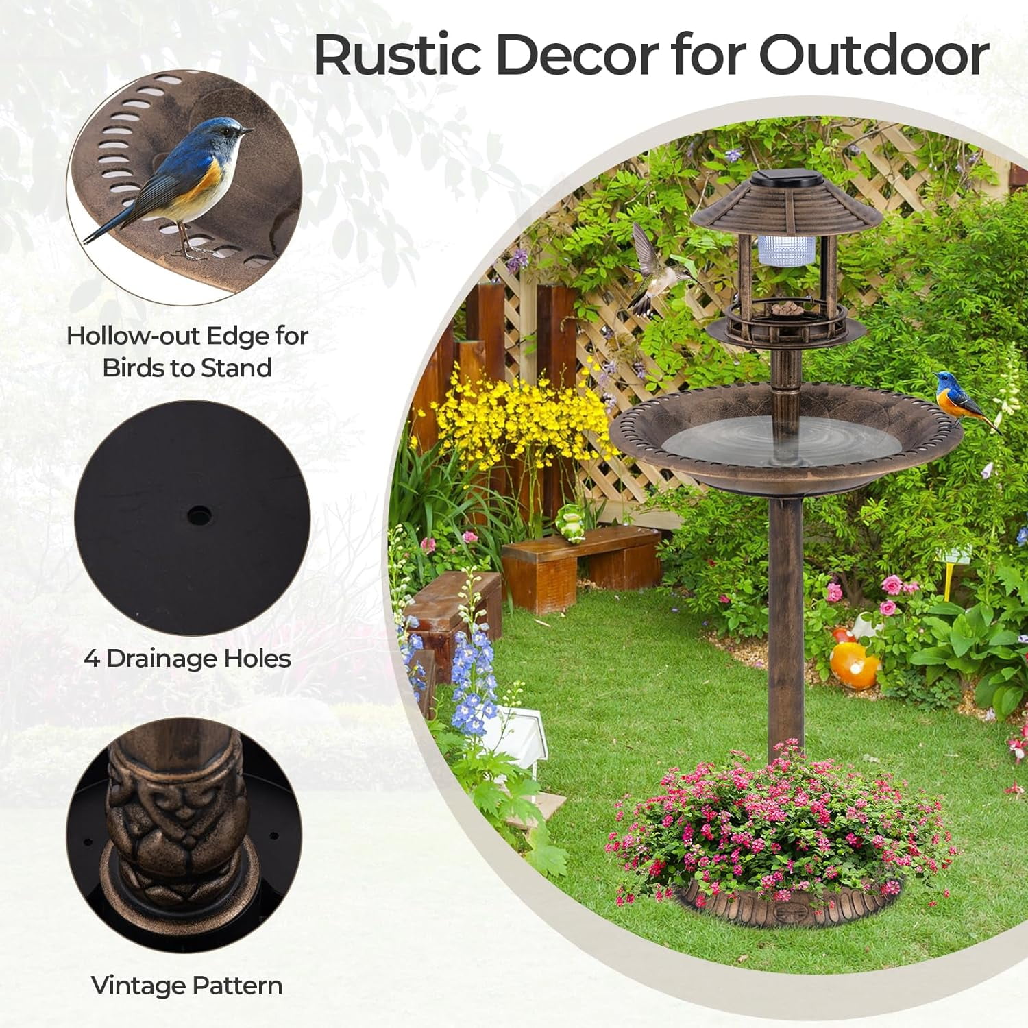 WBTER 42 inch Bird Bath Solar Lighted, Pedestal Bird Bath with Bird Feeder, Flower Planter Base, Solar Powered Lamp, 3 Ground Stakes, Standing Birdbath for Outside Garden Yard Outdoor (Bronze)