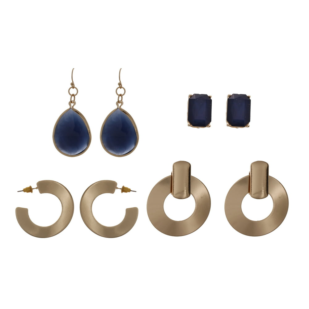 Time and Tru Time And Tru 4 Pair Gold Tone and Navy Earring Set