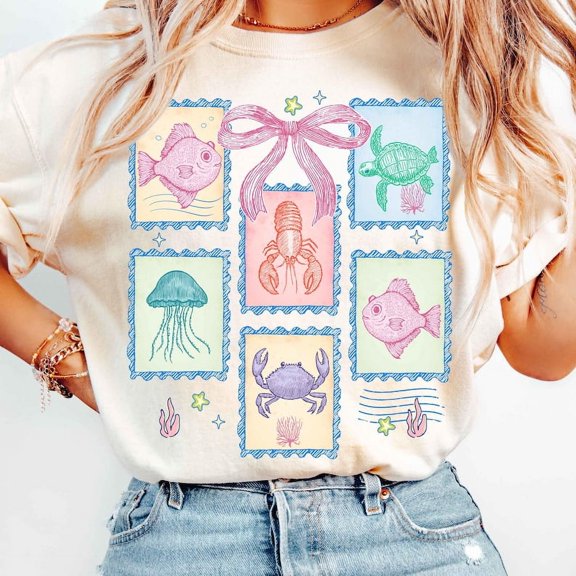 Vintage Summer T-shirt, Coastal Shirt, Summer coquette Shirt, Beach Shirt, Aesthetic Summer, Jellyfish Shirt, Seahorse Shirt, Coastal Aesthetic, Fish TH060636