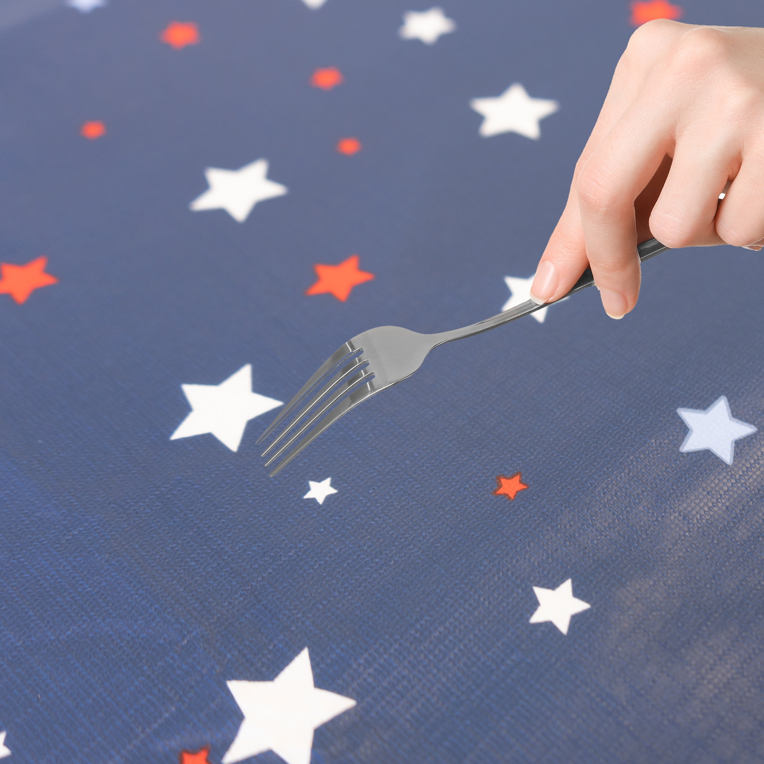 Waverly Inspirations Rectangular Elastic Fitted Table Cover Waterproof Vinyl Tablecloth With Flannel Backing, 6Ft Table, 72" x 30", Scattered Stars With Blue Base, 1 PK