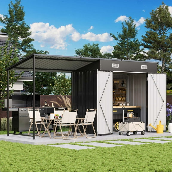 BaPiPro Open-Sided Storage Shed with Hardtop Pergola, 6x4 FT Shed and Outdoor Storage with 48 Sq.ft Covered, 2-in-1 Metal Shed, Black