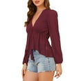 thumbnail image 5 of MODA NOVA Juniors Deep V Neck Drawstring Swiss Long Sleeves Blouse Tops Burgundy L, 5 of 7