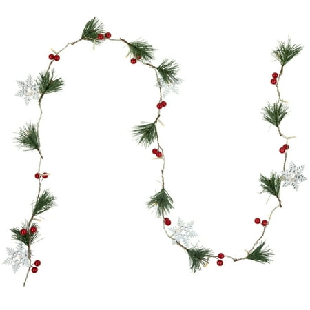 Northlight Pre-Lit B/O Pine Berry and Snowflake Christmas Garland - 6' - Warm White LED Lights