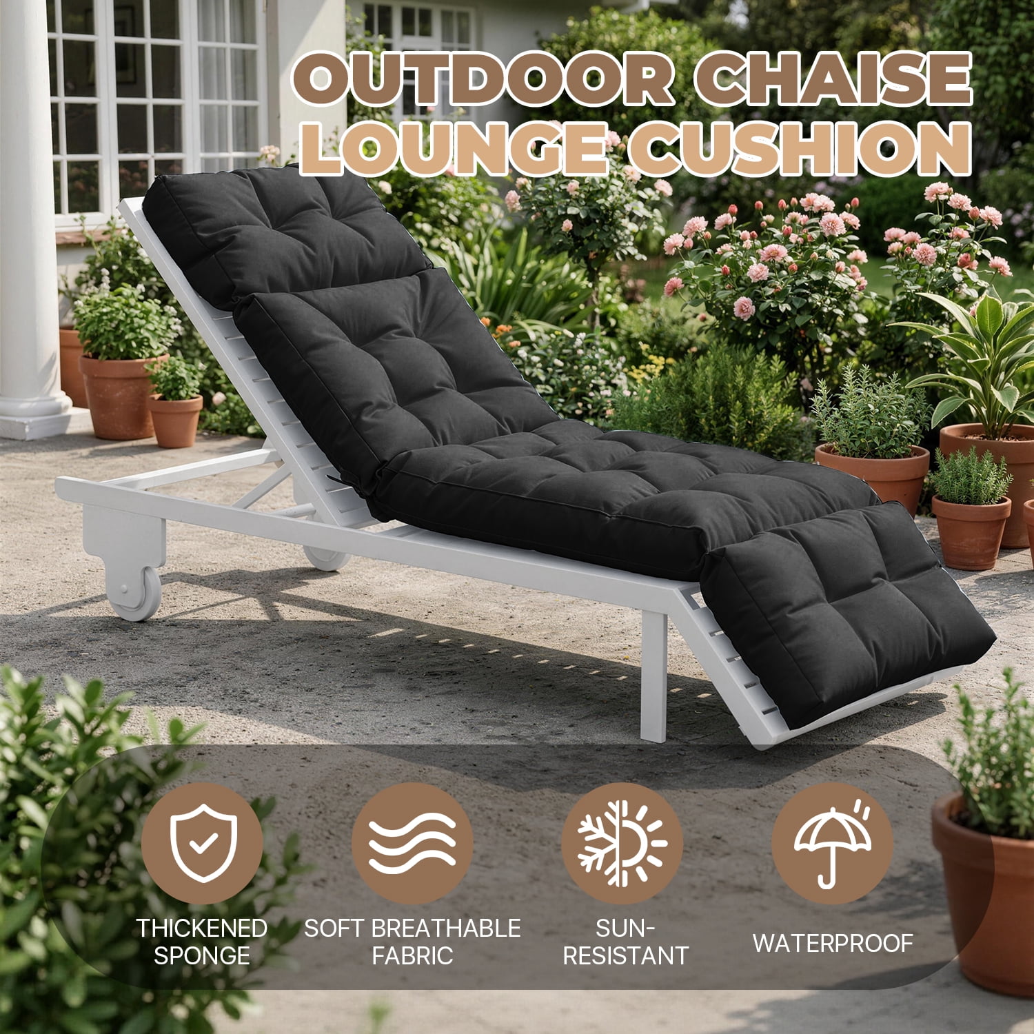 BaPiPro All-Weather Outdoor Chaise Lounge Cushion, Secure-Tie Patio Recliner Cushion with Plush PP Cotton Support for Patio, Poolside & Balcony, Black