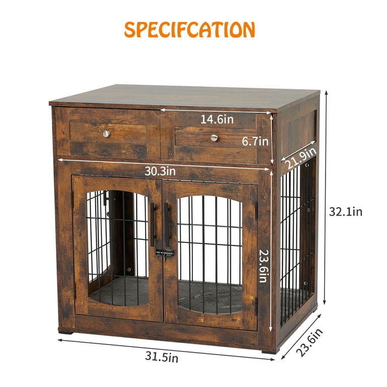 Wooden Dog Crate Furniture 39.4 Heavy Duty Dog Kennel with 2 Drawers End  Table