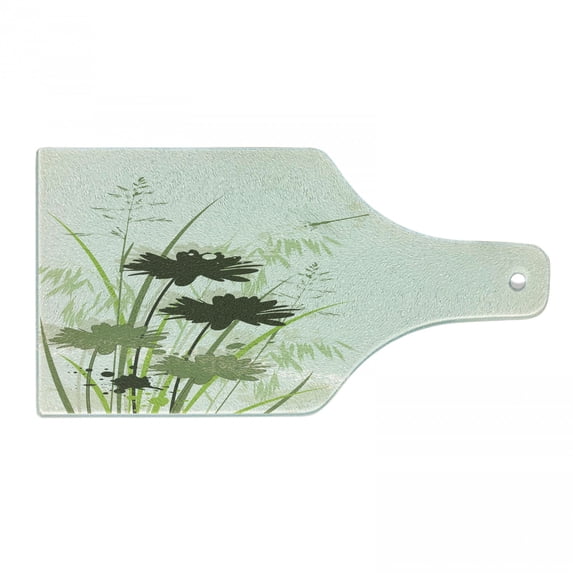 Dragonfly Cutting Board, Lake Flowers Leaves on Abstract Backdrop Bird Like Bugs, Decorative Tempered Glass Cutting and Serving Board, Wine Bottle Shape, Pale Green Dark Green, by Ambesonne