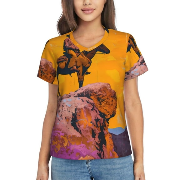 Vsdgher Cliff Western Cowboy Women Shirts V Neck Short Sleeve Tops T-Shirt Basic Tees, S to 3XLSmall