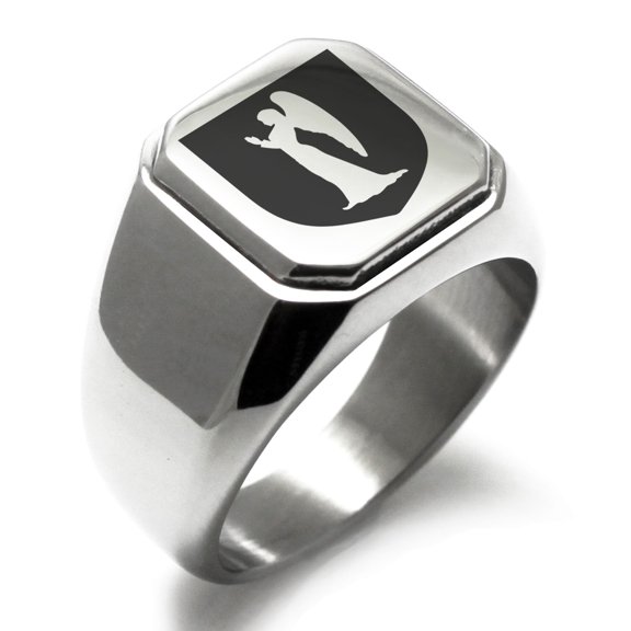 Stainless Steel Angel Divinity Coat of Arms Shield Engraved Square Flat Top Biker Style Polished Signet Ring