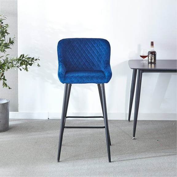 Of 2 Counter Height Stool, Blue Velvet Cushioned, Metal Black Legs For Pub, Restaurant, Salons Bar Stools, Upholstered In Blue, Kitchen Island, Restaurants, Coffee Shops