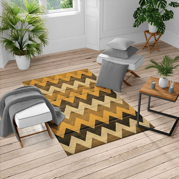 Chevron Turkish Area Rug, Zig Zag Lines Pattern on Wooden Looking Background Rustic Home Print, Soft Carpet for Living Room Decor with Distressed Look, 2.6' x 5', Mustard Champagne, by Ambesonne