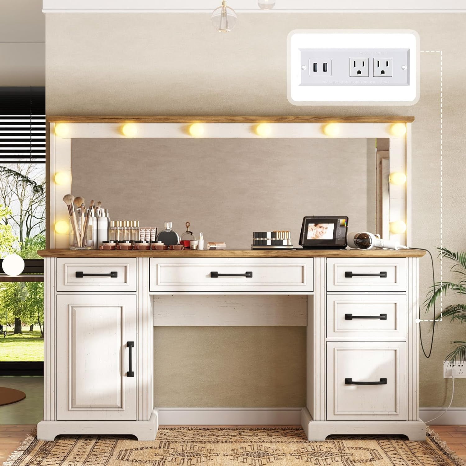 Merluxy Makeup Vanity with Mirror & Lights,Glass Top Vanity with 6 Drawers & Charging Station,White