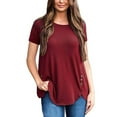 thumbnail image 4 of Femmes T-shirt Couleur Unie Haut Col Rond Manches Courtes Chemisier Manches Unie, Rouge Vin, S, 4 of 5