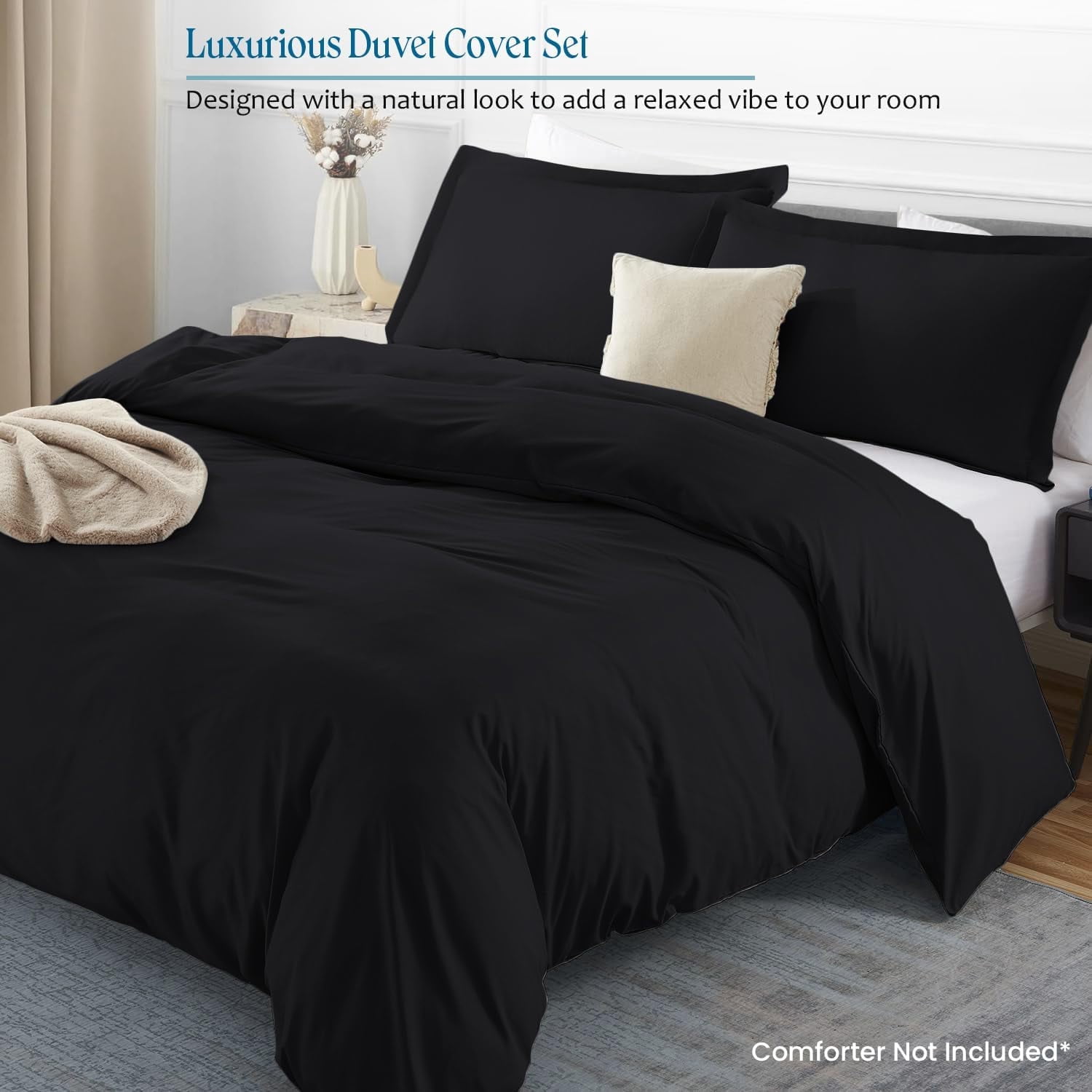 Premium Pima Cotton 3-Piece Duvet Cover Set – 1000 Thread Count Luxury Bedding, Alaskan King 120" x 132" - Black