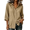 thumbnail image 3 of dazeni Oversized Button Down Shirts for Women Gauze Dressy Casual Blouses Lapel Collar 3/4 Sleeve Tops Lightweight Fall Khaki Small, 3 of 8