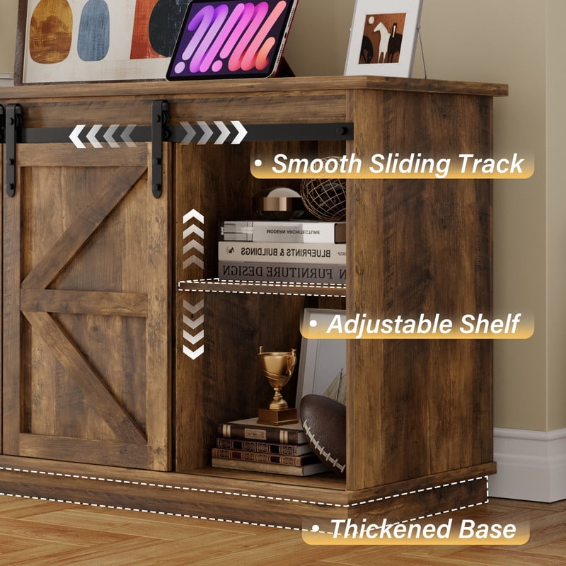 Furmax 65 inch TV Stand Entertainment Center with Sliding Barn Doors and Storage,Rustic Oak