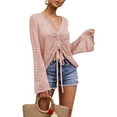 thumbnail image 1 of XINQIHANG Womens Boho Off Shoulder Sheer Crop Tops Bell Sleeve Flowy Oversized Crochet Ruched Pullover Sweaters, 1 of 4