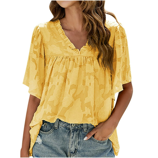 Tops tubo para mujer camisa de manga acampanada con Floral gasa blusa tipo túnica camiseta de verano,Yellow,Small - Walmart.com