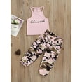 thumbnail image 2 of Kid Girl Long Pants Suits, Letter Sling Vest + Camouflage Pants Set, 2 of 9