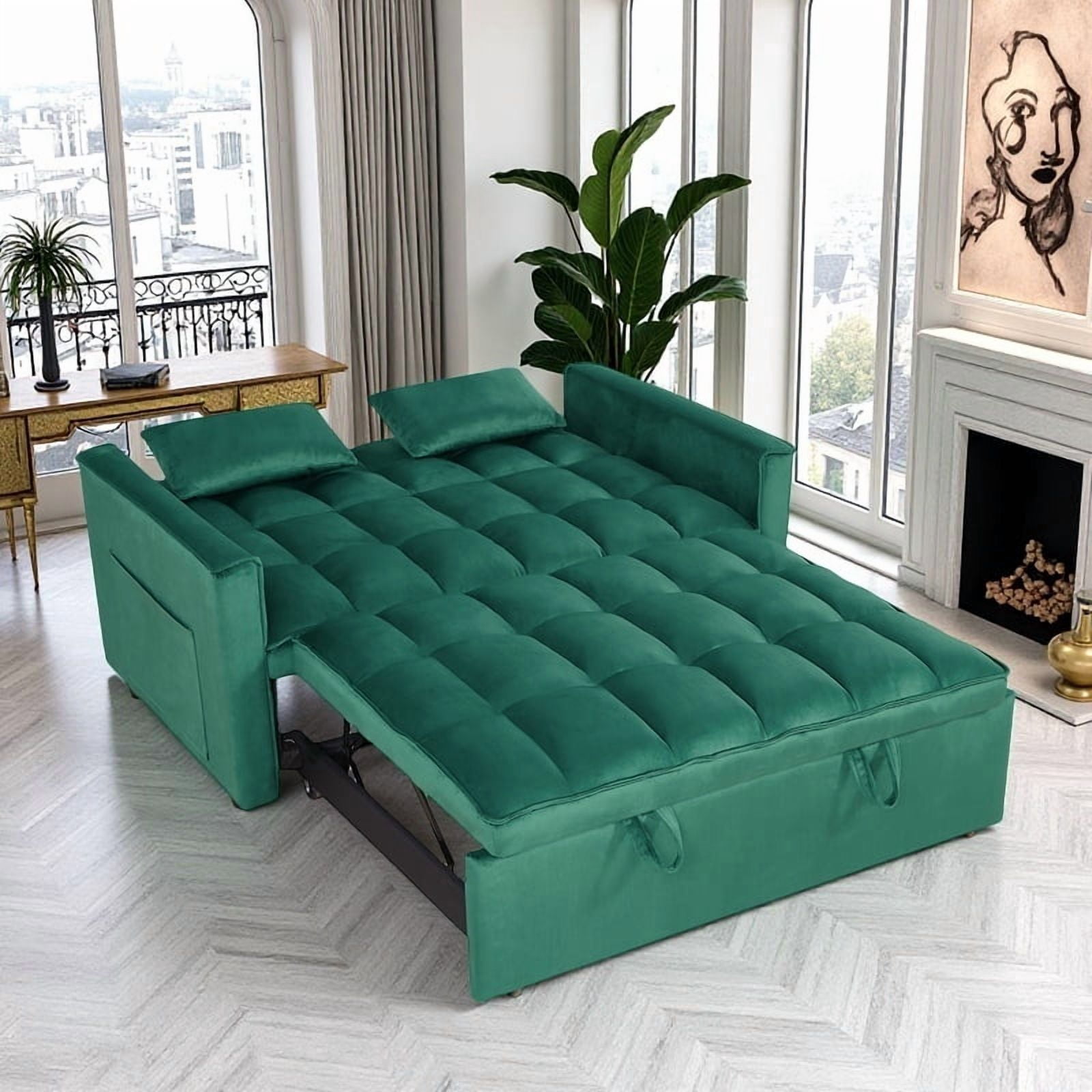 Gewnee 54" 3 in 1 Convertible Sleeper Sofa Bed,Velvet Pull Out Couch with Adjustable Backrest,Loveseat with Pillows & Pockets for Living Room,Apartment,Green