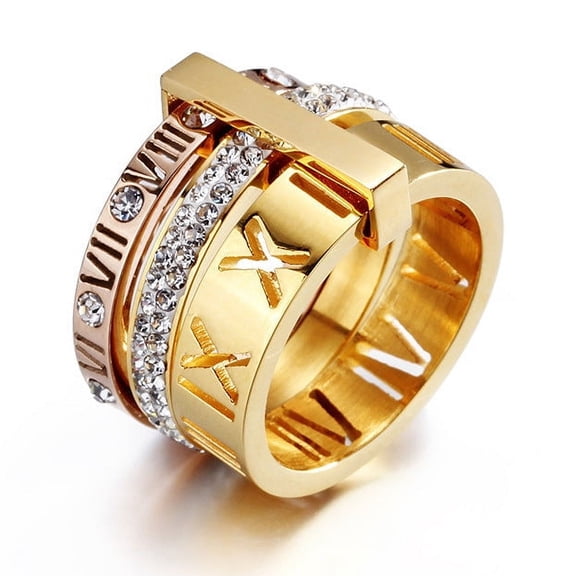 Titanium Steel Rhombus Ring: Exotic Inlaid Zircon Two-Tone Fashion Ring with Diamond Roman Letters, Japanese and Korean Style