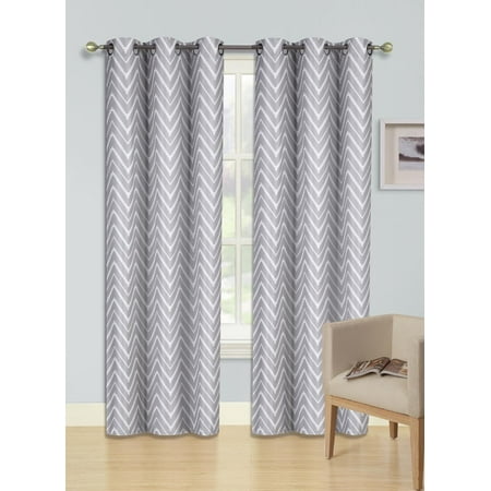 BETH SILVER Printed Thermal Insulated 100% BLACKOUT Grommet Top Window Curtain Treatment, Set of Two (2) Geometric Zig Zag Pattern Darkening Panels 37